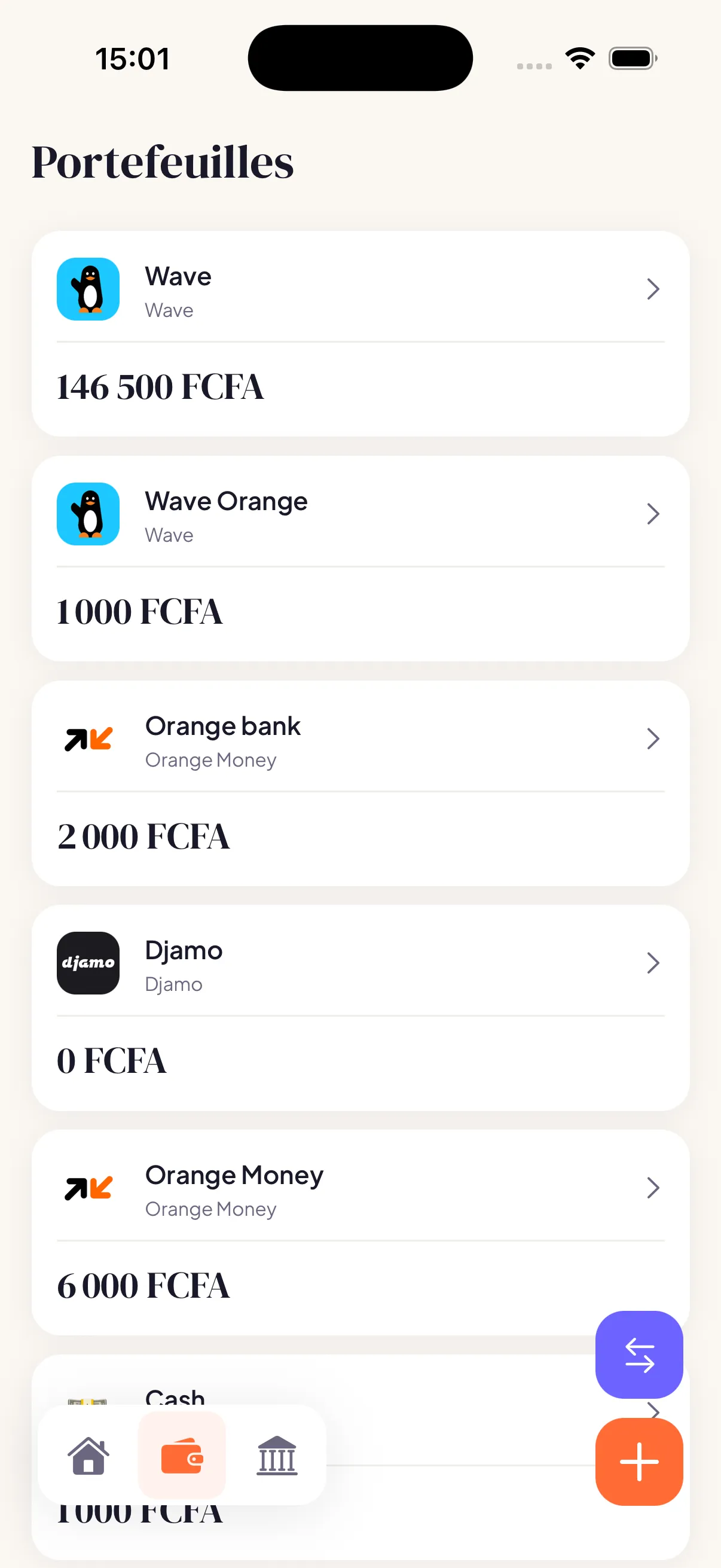 Écran des portefeuilles Wave, Orange Money et cash dans Zeni